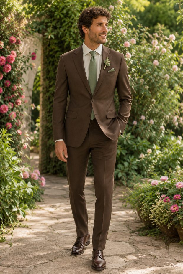 Traje en marrón cacao con corbata verde salvia